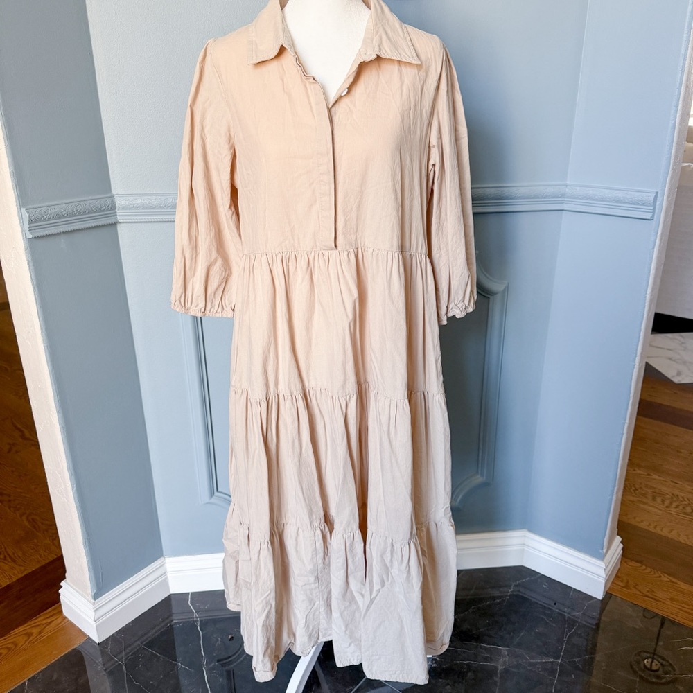 Tan cotton midi shirt dress